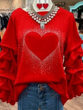 Women’s Red Heart Rhinestone Pullover Long Sleeve Top